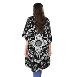 Black And White Lotus Mandala Print Open Front Beach Cover Up