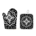 Black And White Lotus Mandala Print Oven Mitt And Pot Holder Set