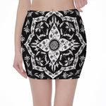 Black And White Lotus Mandala Print Pencil Mini Skirt