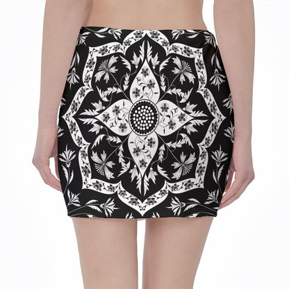 Black And White Lotus Mandala Print Pencil Mini Skirt
