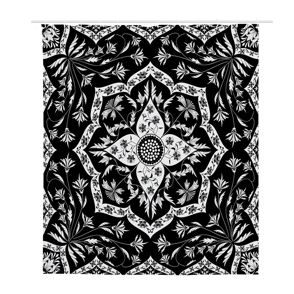 Black And White Lotus Mandala Print Polyester Shower Curtain
