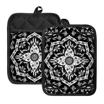 Black And White Lotus Mandala Print Pot Holders With Pocket