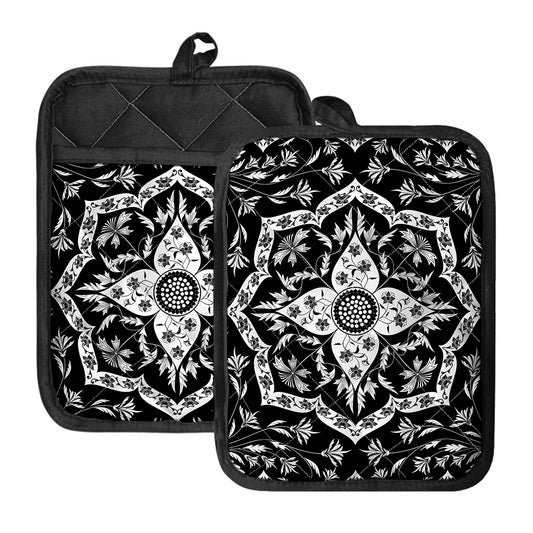 Black And White Lotus Mandala Print Pot Holders With Pocket