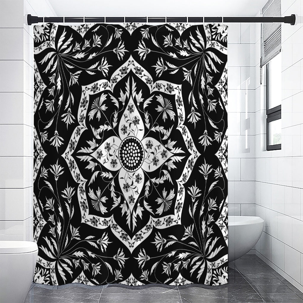 Black And White Lotus Mandala Print Premium Shower Curtain