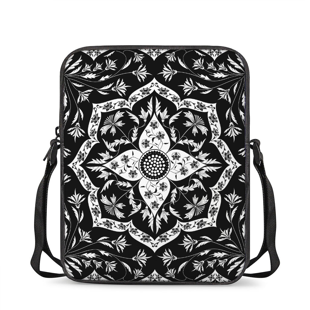 Black And White Lotus Mandala Print Rectangular Crossbody Bag
