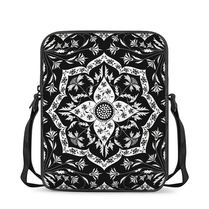 Black And White Lotus Mandala Print Rectangular Crossbody Bag