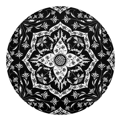 Black And White Lotus Mandala Print Round Blanket