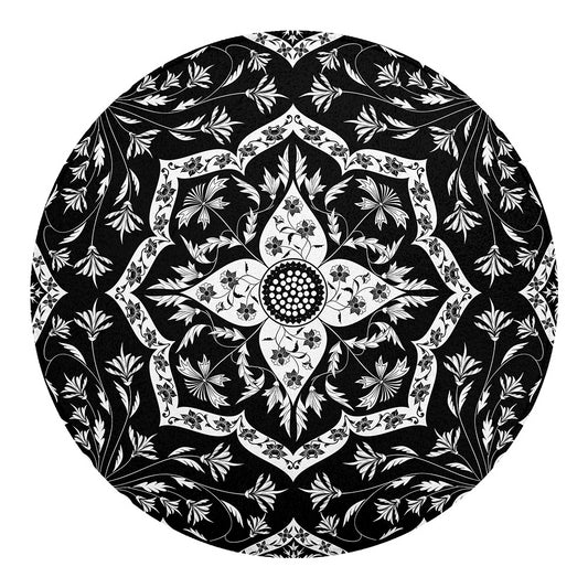 Black And White Lotus Mandala Print Round Blanket