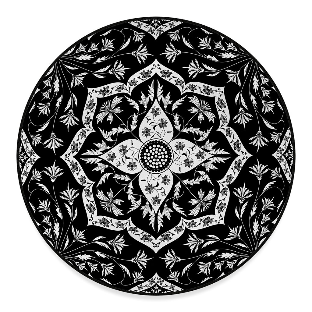 Black And White Lotus Mandala Print Round Floor Mat