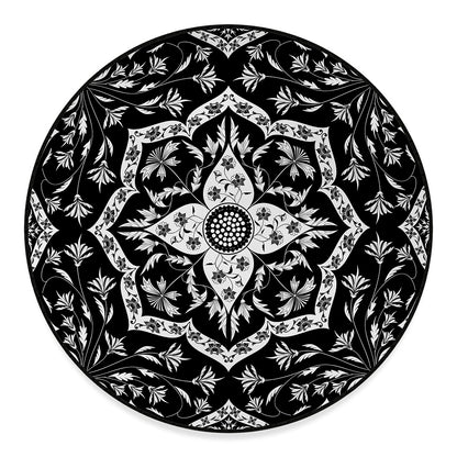 Black And White Lotus Mandala Print Round Floor Mat