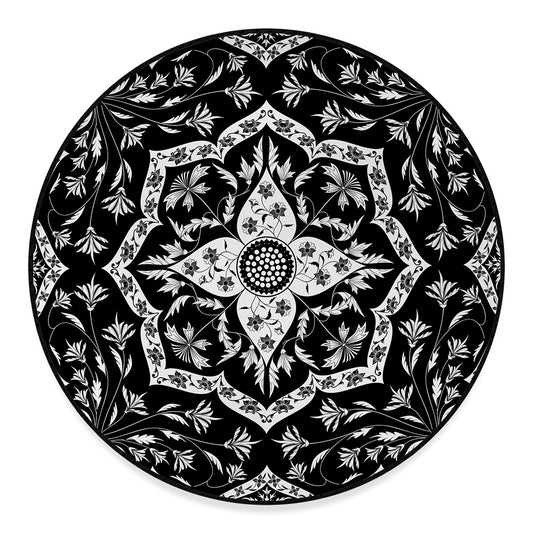 Black And White Lotus Mandala Print Round Floor Mat