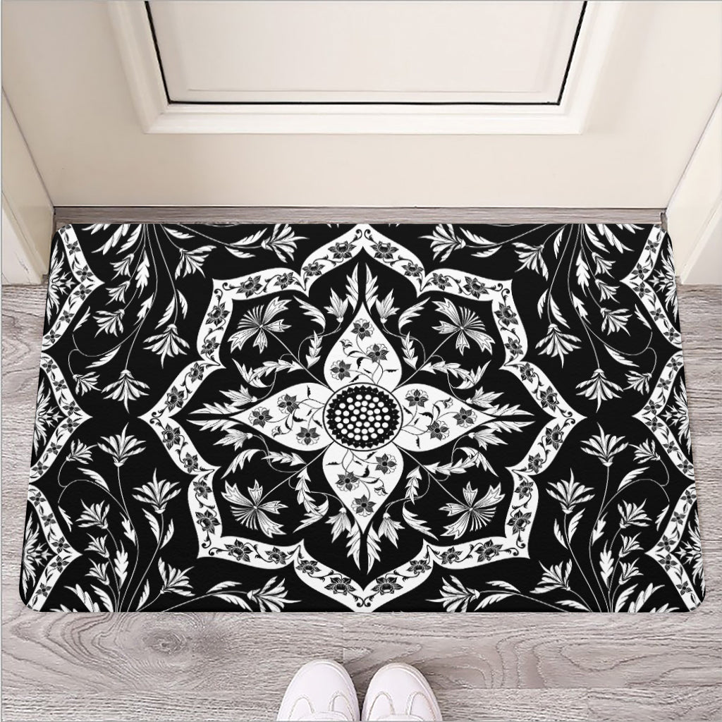 Black And White Lotus Mandala Print Rubber Doormat