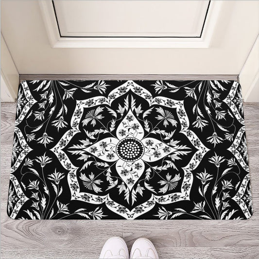 Black And White Lotus Mandala Print Rubber Doormat