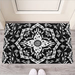 Black And White Lotus Mandala Print Rubber Doormat