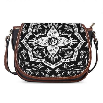Black And White Lotus Mandala Print Saddle Bag