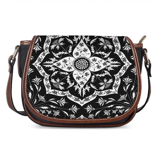 Black And White Lotus Mandala Print Saddle Bag
