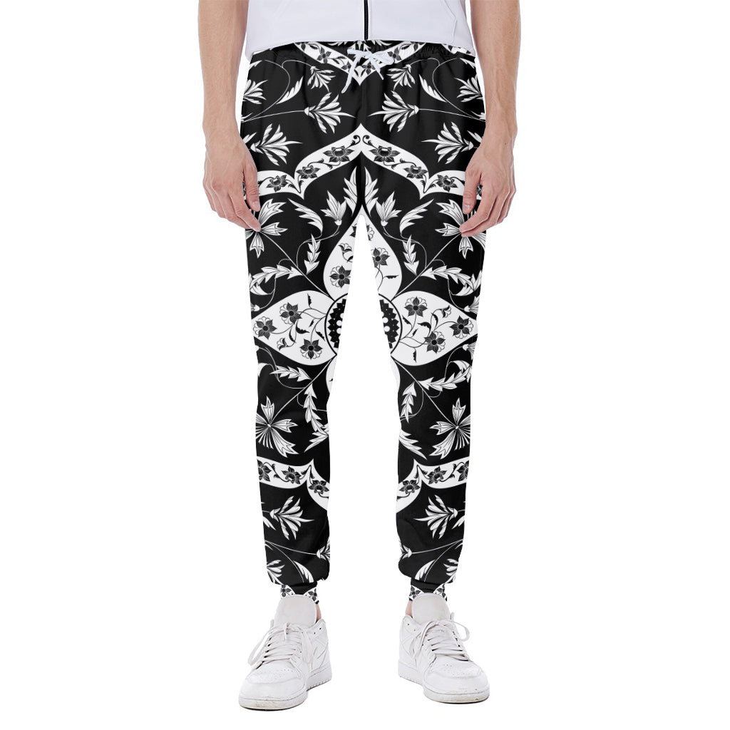Black And White Lotus Mandala Print Scuba Joggers