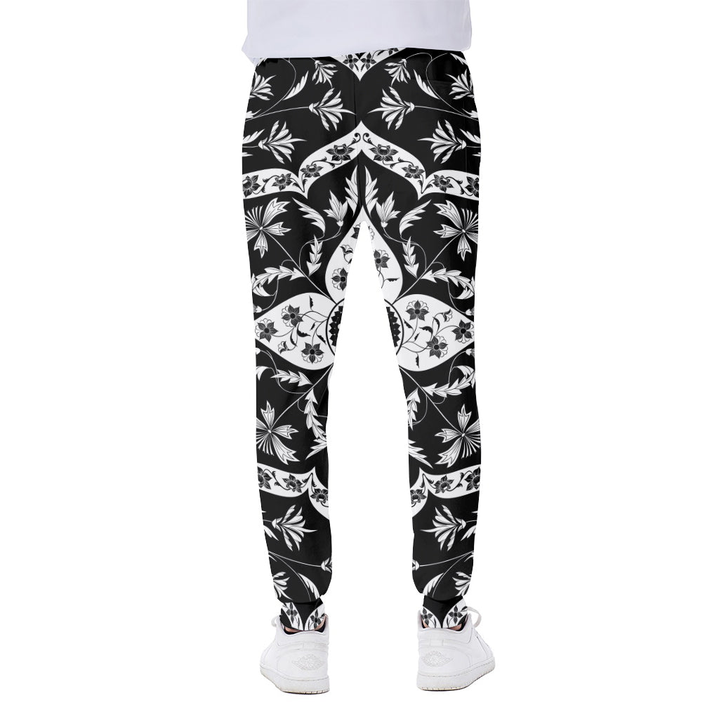 Black And White Lotus Mandala Print Scuba Joggers