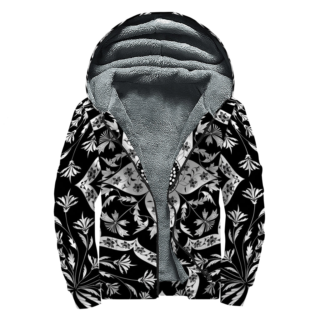 Black And White Lotus Mandala Print Sherpa Lined Zip Up Hoodie