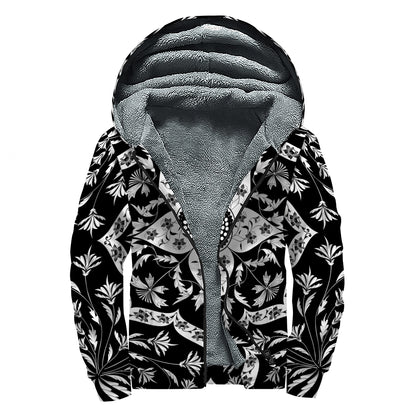 Black And White Lotus Mandala Print Sherpa Lined Zip Up Hoodie