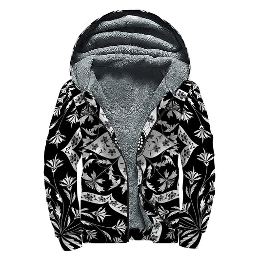 Black And White Lotus Mandala Print Sherpa Lined Zip Up Hoodie