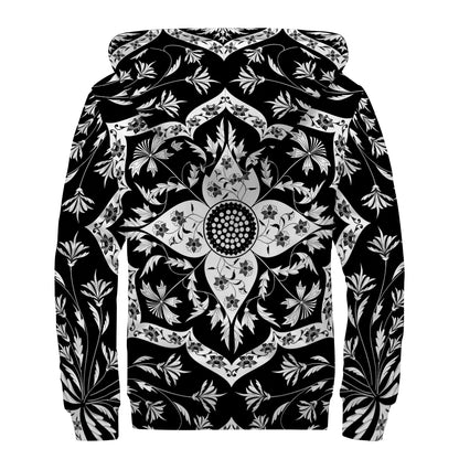 Black And White Lotus Mandala Print Sherpa Lined Zip Up Hoodie