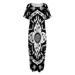 Black And White Lotus Mandala Print Short Sleeve Long Nightdress
