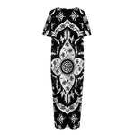 Black And White Lotus Mandala Print Short Sleeve Long Nightdress