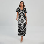 Black And White Lotus Mandala Print Short Sleeve Maxi Dress