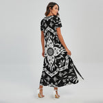Black And White Lotus Mandala Print Short Sleeve Maxi Dress