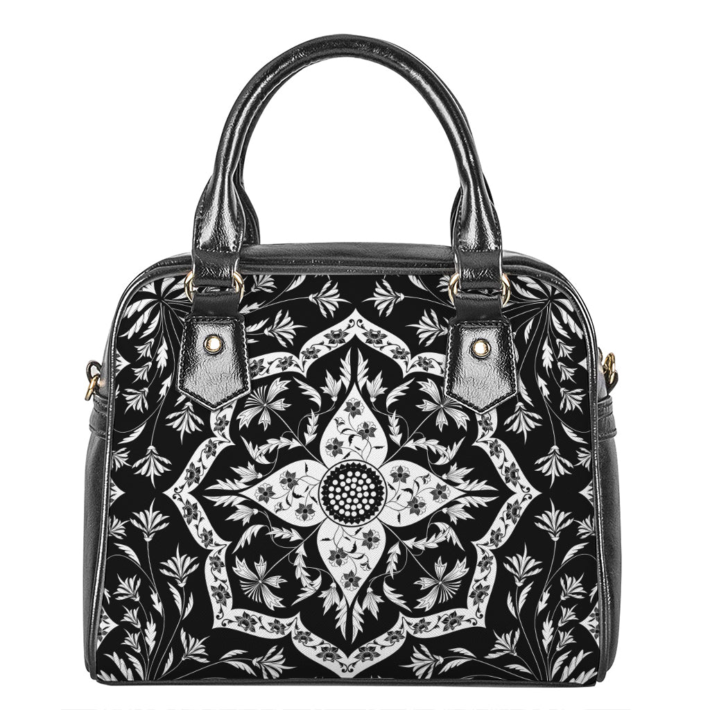 Black And White Lotus Mandala Print Shoulder Handbag