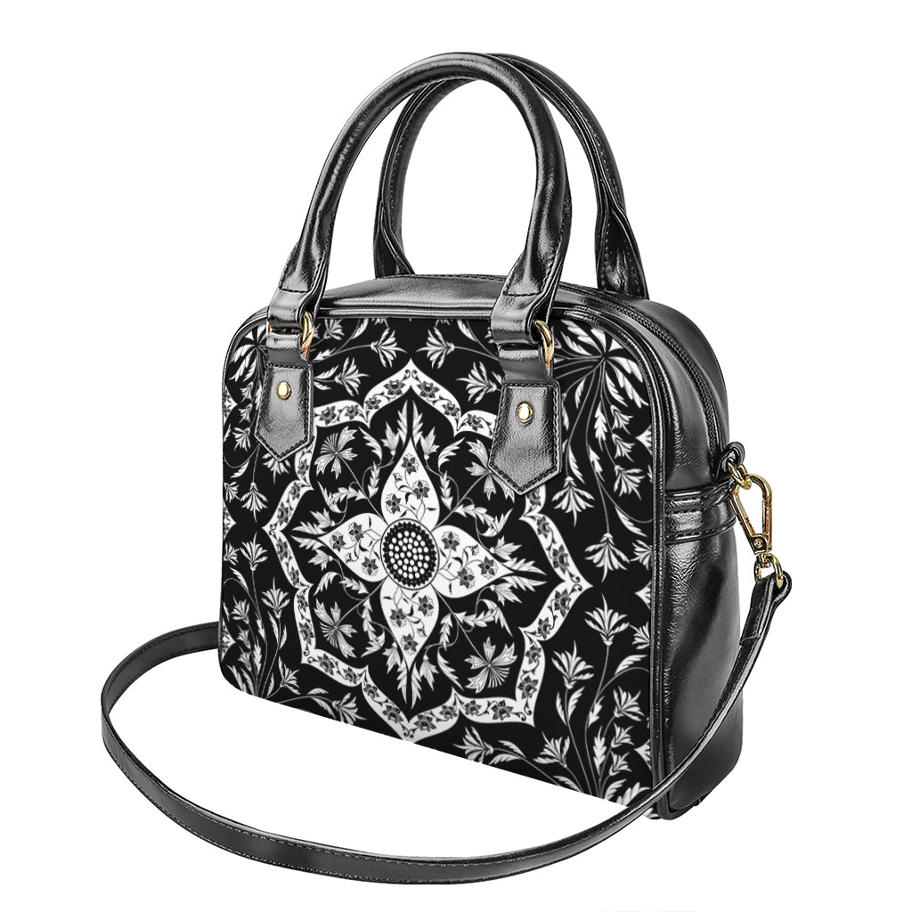 Black And White Lotus Mandala Print Shoulder Handbag