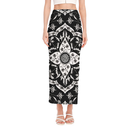 Black And White Lotus Mandala Print Side Slit Maxi Skirt
