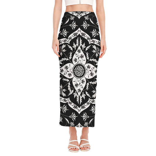 Black And White Lotus Mandala Print Side Slit Maxi Skirt