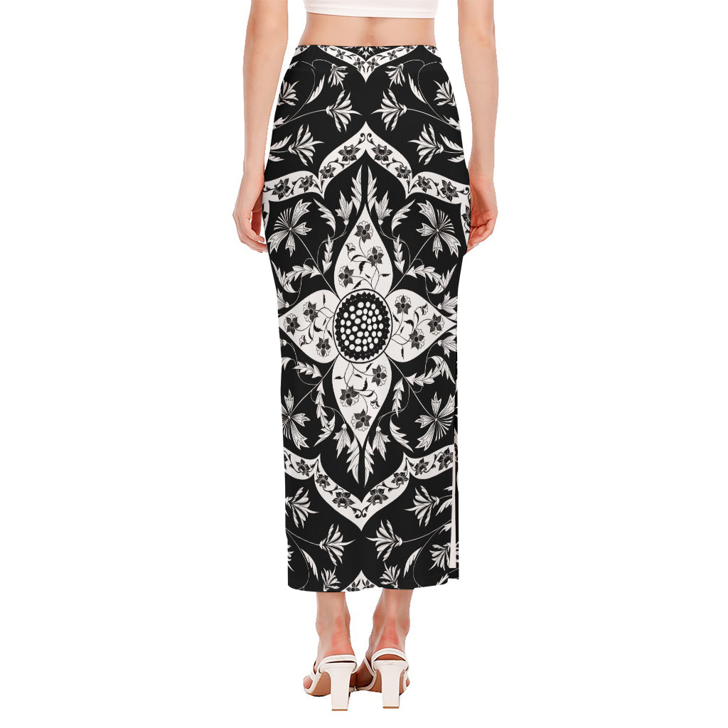 Black And White Lotus Mandala Print Side Slit Maxi Skirt