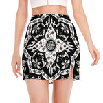 Black And White Lotus Mandala Print Side Slit Mini Skirt