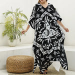Black And White Lotus Mandala Print Silk V-Neck Kaftan Dress