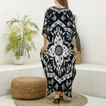 Black And White Lotus Mandala Print Silk V-Neck Kaftan Dress