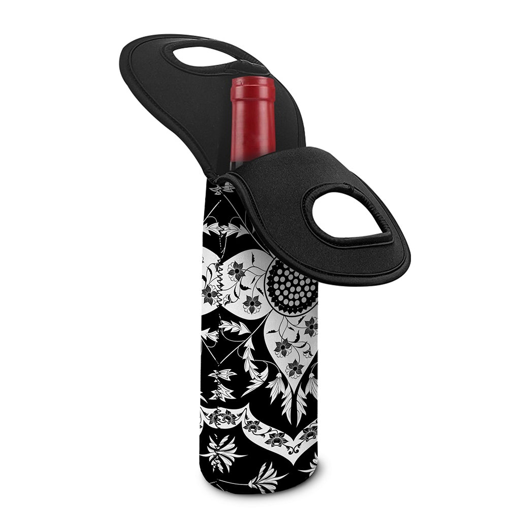 Black And White Lotus Mandala Print Single Neoprene Wine Tote