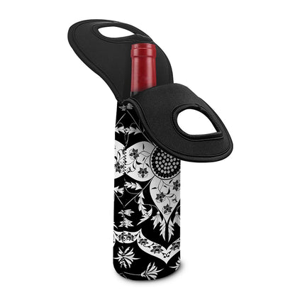 Black And White Lotus Mandala Print Single Neoprene Wine Tote