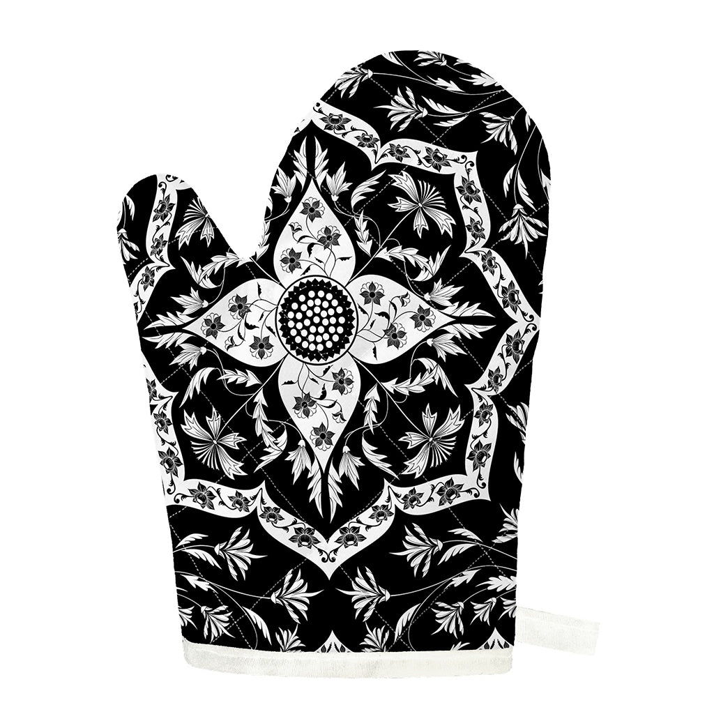 Black And White Lotus Mandala Print Single Oven Mitt