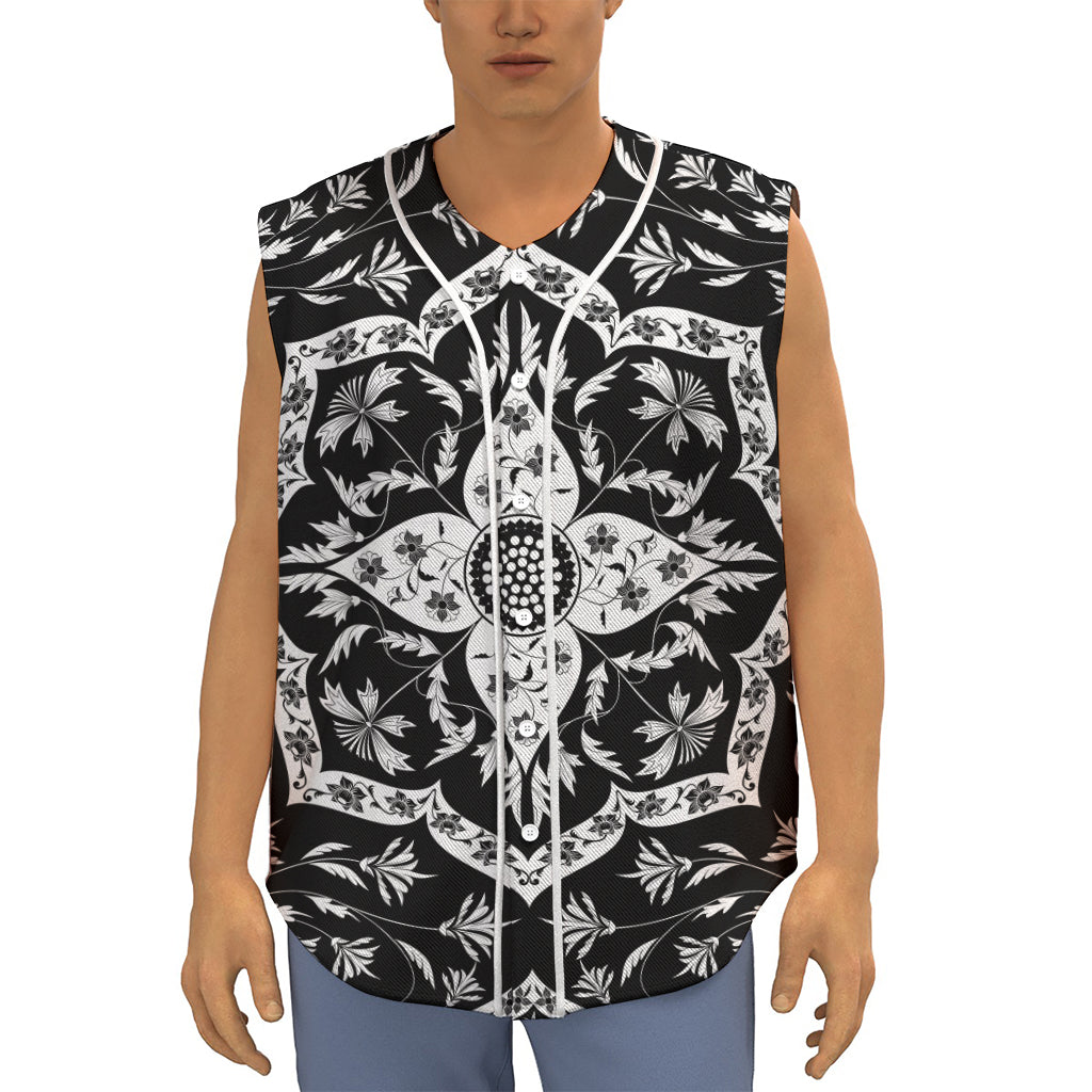 Black And White Lotus Mandala Print Sleeveless Baseball Jersey