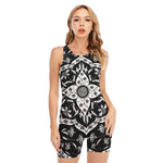 Black And White Lotus Mandala Print Sleeveless One Piece Swimsuit