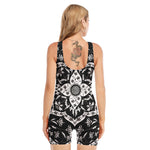 Black And White Lotus Mandala Print Sleeveless One Piece Swimsuit