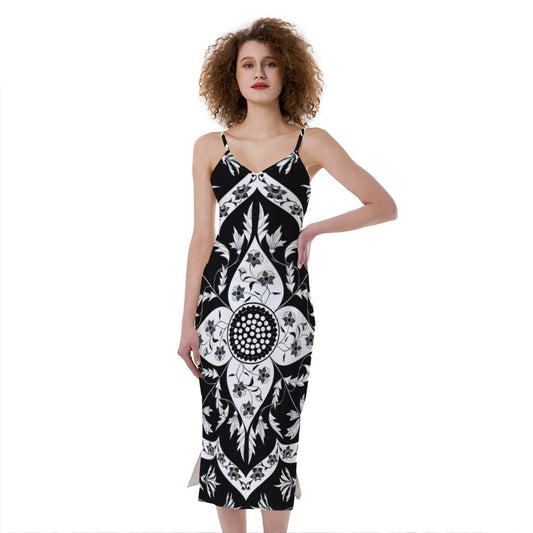 Black And White Lotus Mandala Print Slim Fit Midi Cami Dress
