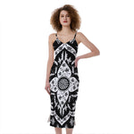 Black And White Lotus Mandala Print Slim Fit Midi Cami Dress