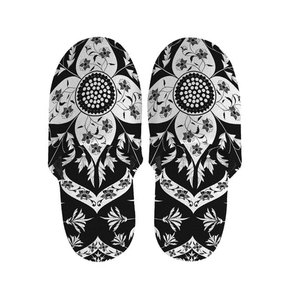 Black And White Lotus Mandala Print Slippers