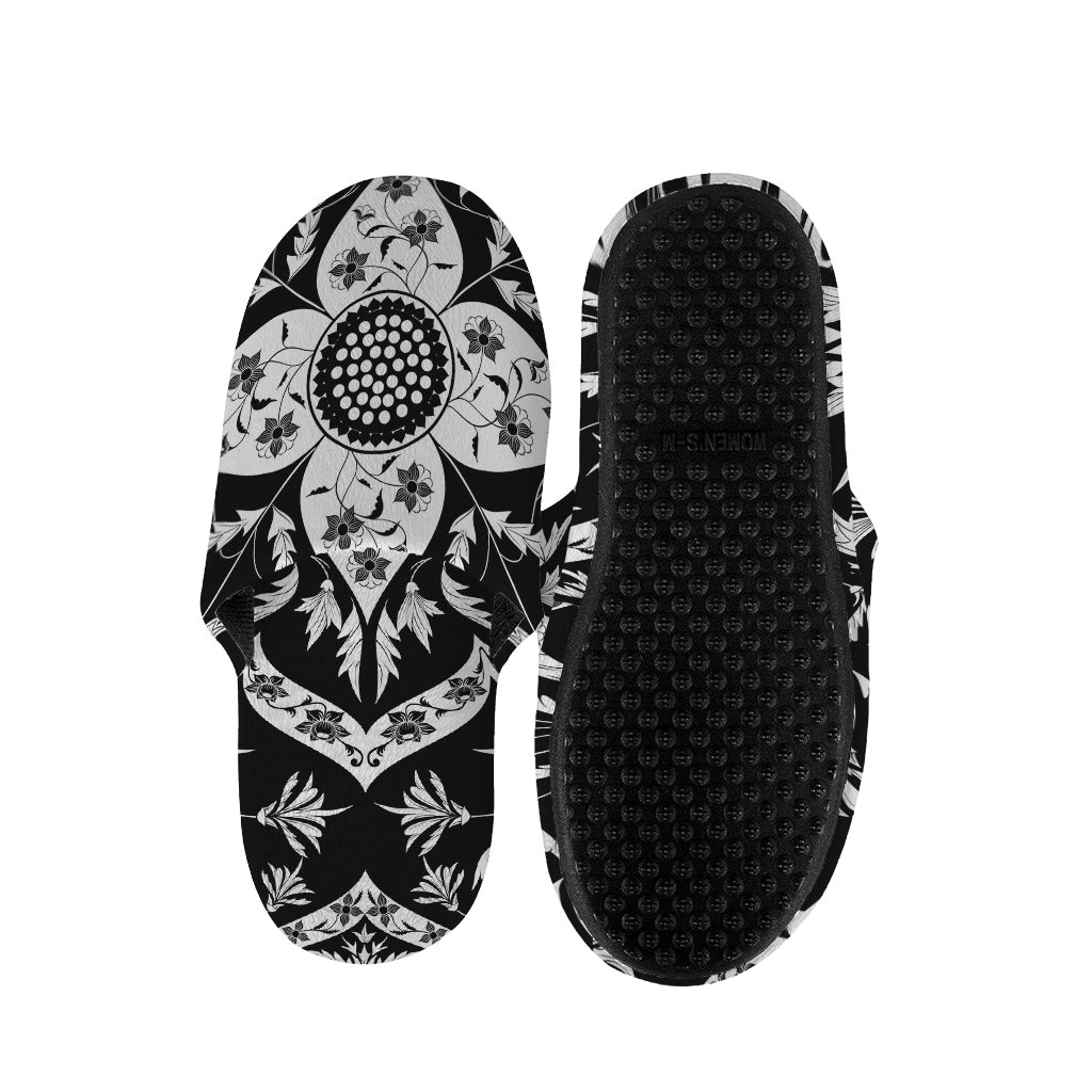 Black And White Lotus Mandala Print Slippers