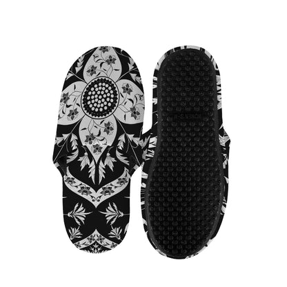 Black And White Lotus Mandala Print Slippers
