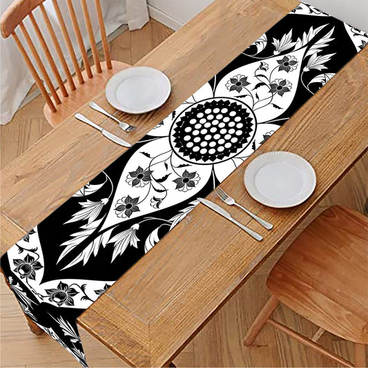 Black And White Lotus Mandala Print Table Runner